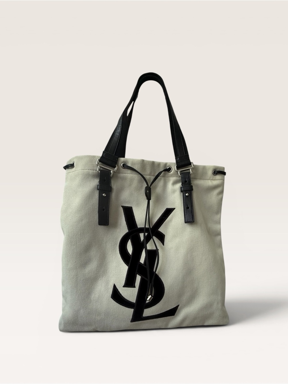 Saint Laurent Rive Gauche Canvas Tote Ivory Black Velvet YSL Logo